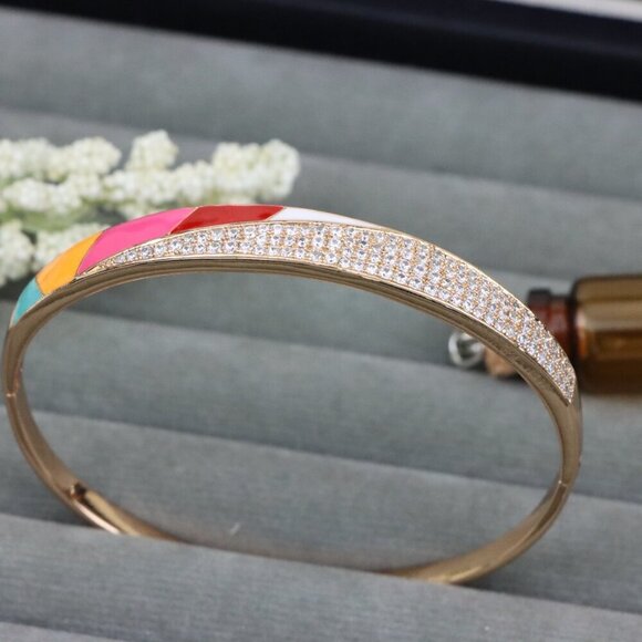 Rose Gold Bangle with Colorful Enamel and Sparkling CZ Stones, XPBL0429 - Picture 1 of 9